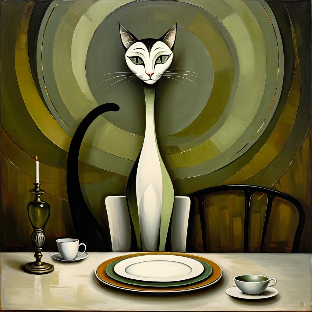 masterpiece,best quality,oil painting. Stylized figure. very tall and handsome slender female cat, with very long neck, large gray-green eyes, long eyelashes. she is seated at a dining table, with an empty plate in front of her. background with neutral motifs of circles and spirals. skillful use of chiaroscuro to render the character's three-dimensionality.