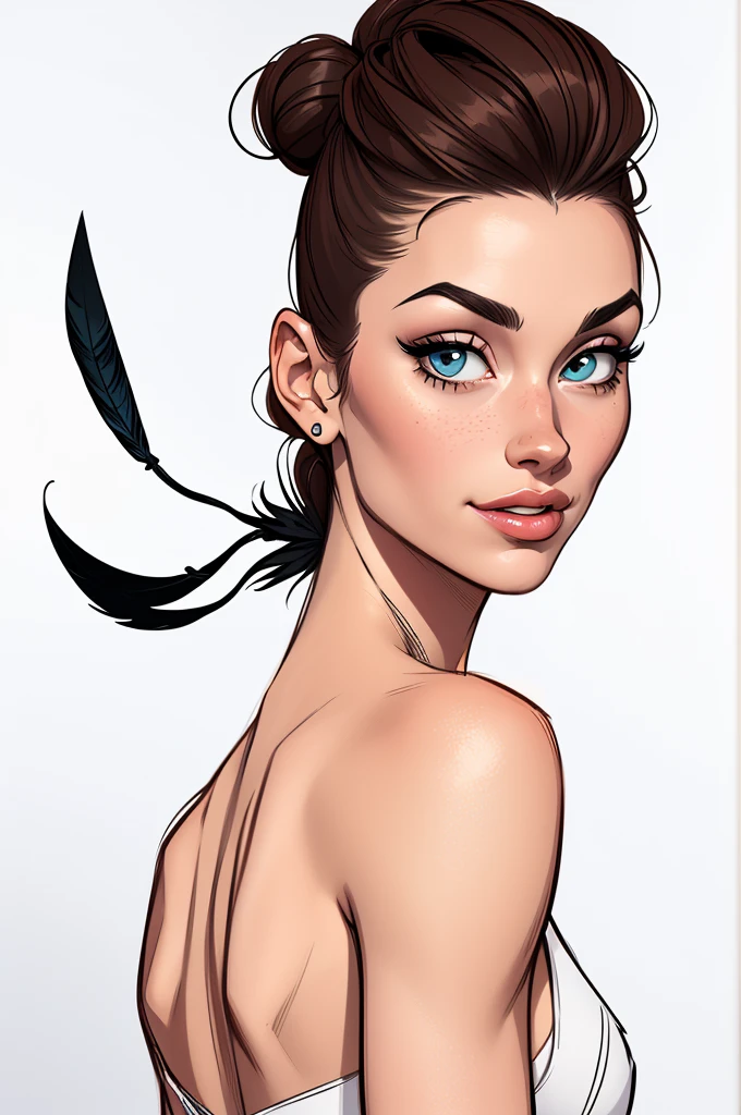 (cartoon style:1.2), Drawings of ([beautiful Woman]), Portrait, Sleek Back Feather Chignon hair, white background, fun posing, Centered, scale to fit the dimensions