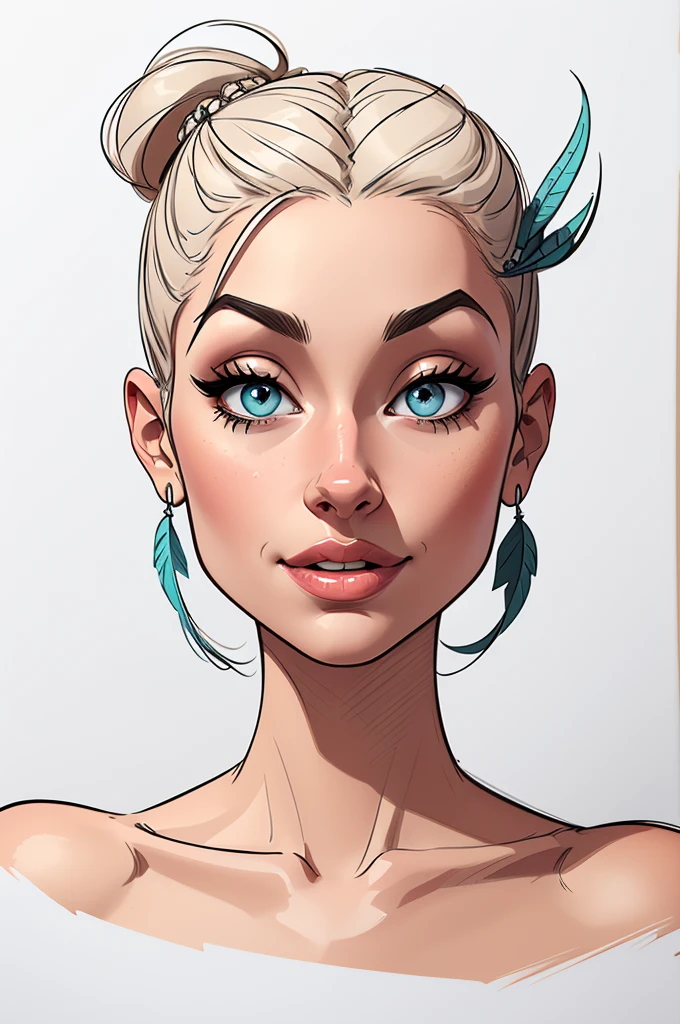 (cartoon style:1.2), Drawings of ([beautiful Woman]), Portrait, Sleek Back Feather Chignon hair, white background, fun posing, Centered, scale to fit the dimensions