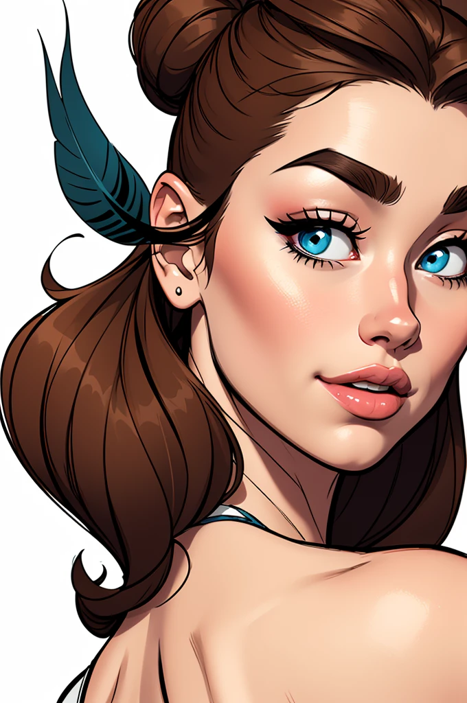 (cartoon style:1.2), Drawings of ([beautiful Woman]), Portrait, Sleek Back Feather Chignon hair, white background, fun posing, Centered, scale to fit the dimensions