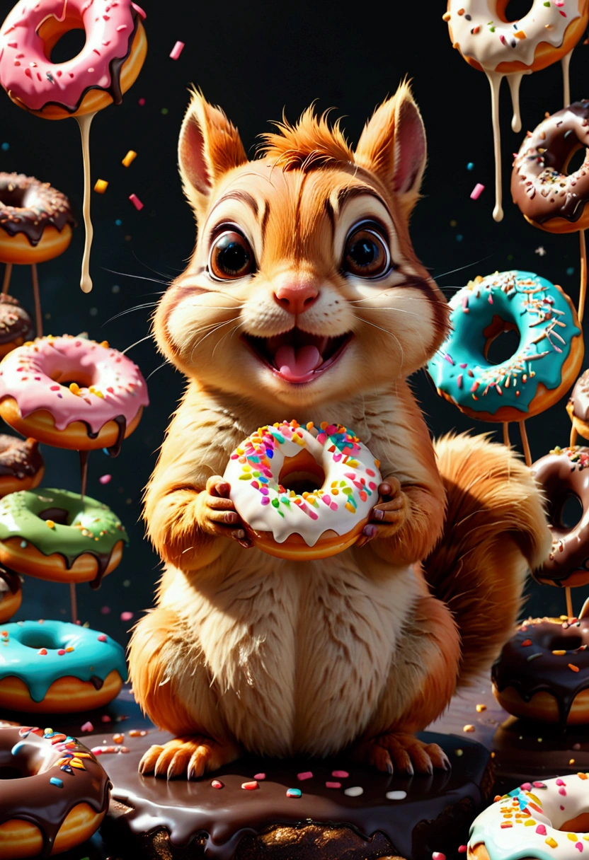 Eating Donuts, an adorable chipmunk holding a delicious donut with icing and sprinkles, centered, detailed matte painting, deep color, fantastical, intricate detail, splash screen, complementary colors, fantasy concept art, 8k resolution trending on Artstation Unreal Engine 5, masterpiece, best quality, very aesthetic, absurdres