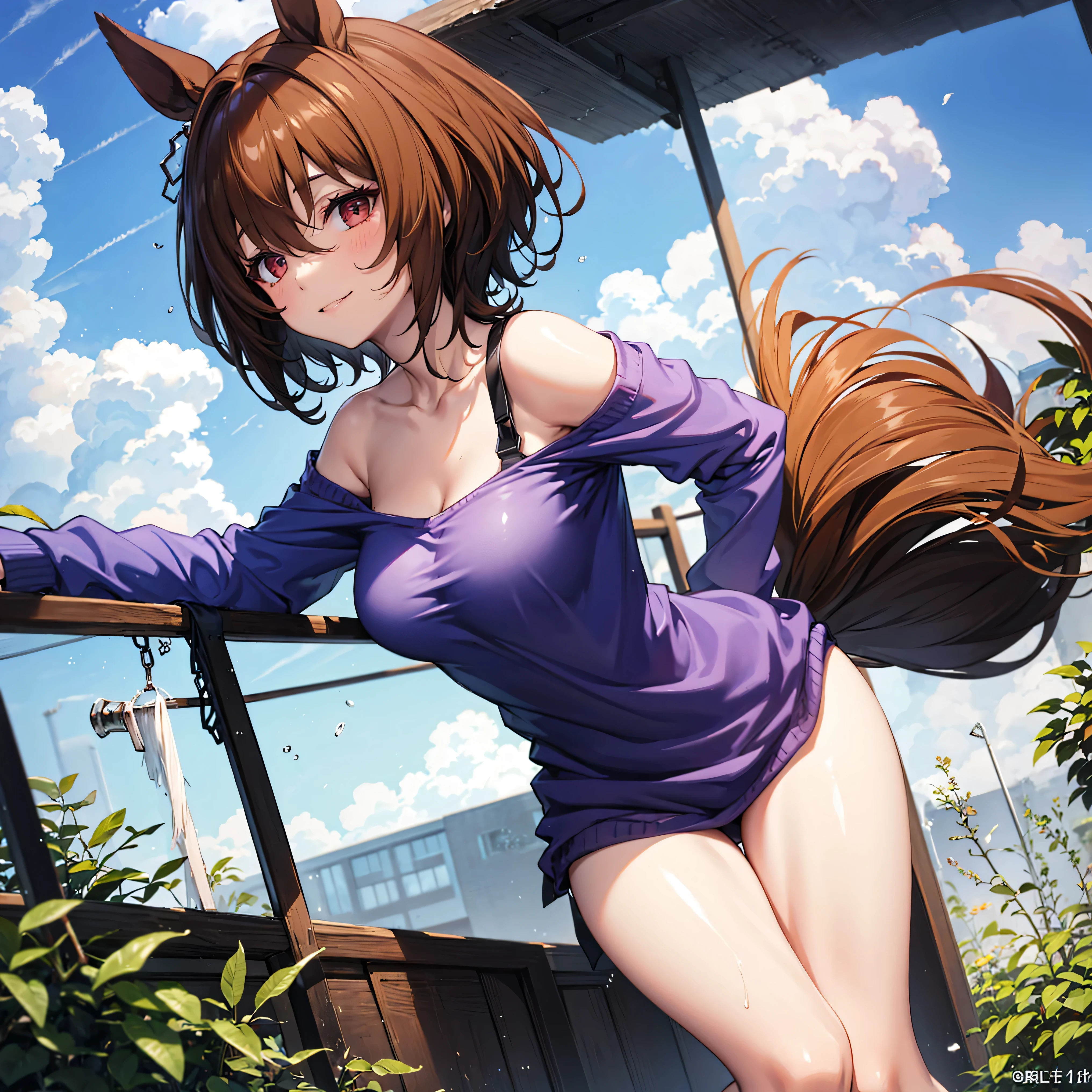 Agnes Tachyon, uma-musume, smile for viewer, skinny, arched back, BREAK, short hair, large breasts, narrow waist, short torso, (long skinny legs:1.2), tail, BREAK, (bottomless), thigh gap, purple shirts, collarbone, bared narrow shoulders, BREAK, blue sky, blowing wind, BREAK, {nsfw}, orgasm