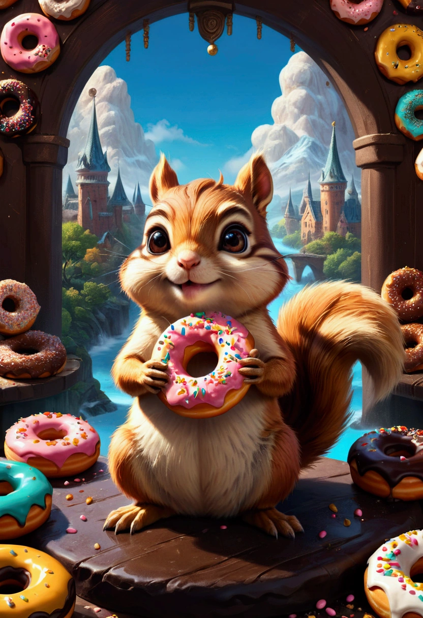 Eating Donuts, an adorable chipmunk holding a delicious donut with icing and sprinkles, centered, detailed matte painting, deep color, fantastical, intricate detail, splash screen, complementary colors, fantasy concept art, 8k resolution trending on Artstation Unreal Engine 5, masterpiece, best quality, very aesthetic, absurdres