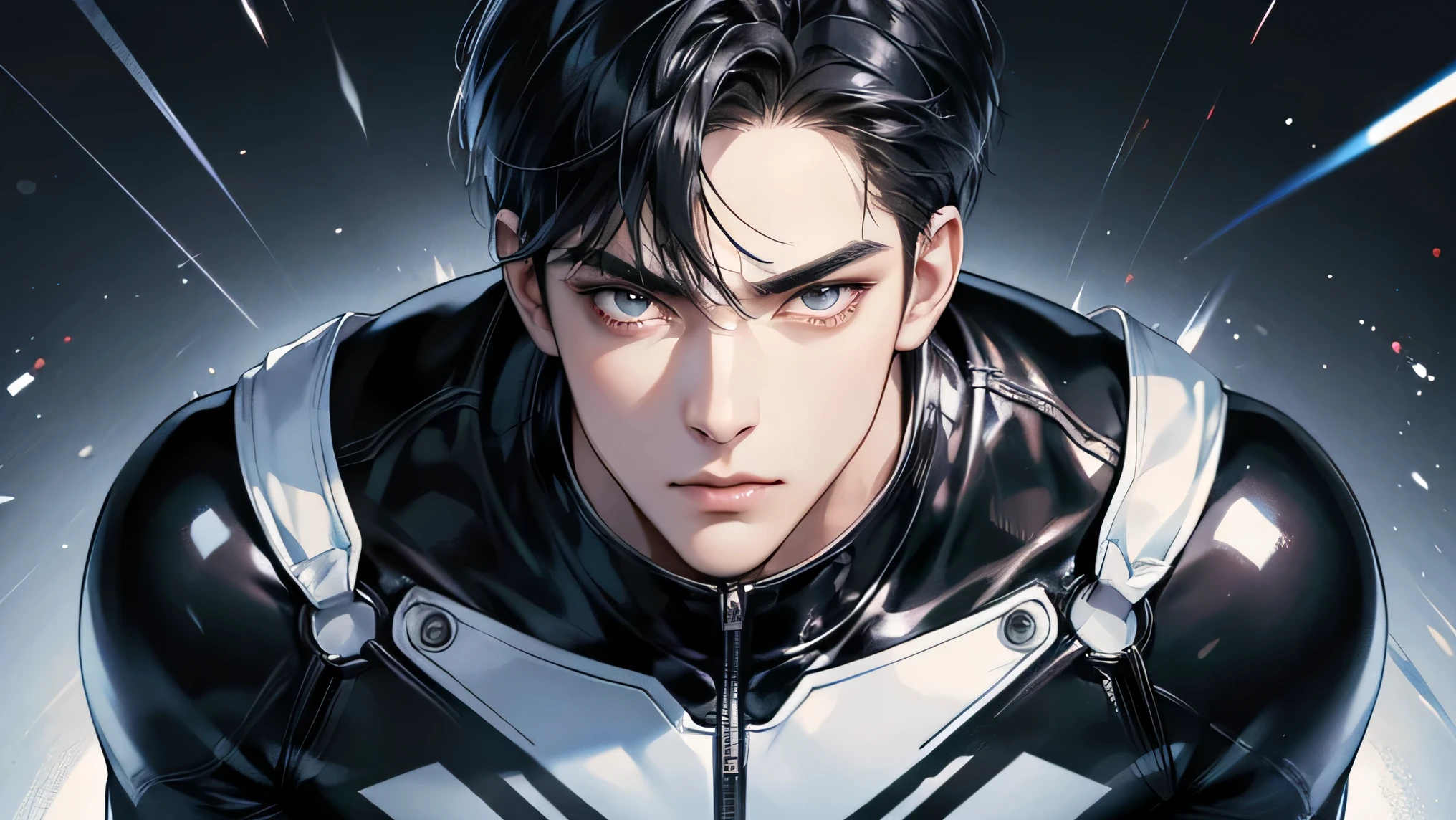 Japanese male handsome model Black Hair Short cut G-I-A-CUT looking at the camera Shiny full-body silver suit Shiny silver latex suit Fierce face Handsome future Metal Body grim stare gaze Sad expression Moist eyes Face close-up Close-up of eyes