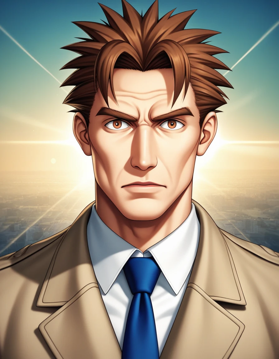 1man, veteran mature detective, muscular mature, big nose, wavy slicked back spiked hair, yellow brown hair, shihaku, brown eyes, stubble, dandy, virile, square shaped, large eyes, ugly, rough skin, facial wrinkles, ideal ratio body proportions, ordinaly, cute uncle, beautiful detailed eyes, 40yo, BREAK solo, white collared shirt, blue necktie, trench coat, dark worn-out suit, BREAK dandy posing, upperlegs, character image shot, in isekai style, 2000s, anime concept art, cinematic shadows, cinematic lighting, lens flare, light leaks, extreme all detailed, masterpiece, best quality, BREAK score_9, score_8_up, score_7_up, source_anime, score_6_up, score_5_up, score_4_up