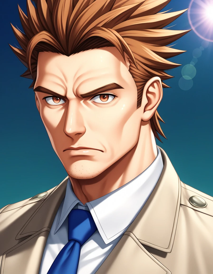 1man, veteran  detective, muscular maturenose, wavy slicked back spiked hair, yellow brown hair, shihaku, brown eyes, stubble, dandy, virile, square shaped, large eyes, ugly, rough skin, facial wrinkles, ideal ratio body proportions, ordinaly, cute uncle, beautiful detailed eyes, 40yo, BREAK solo, white collared shirt, blue necktie, trench coat, dark worn-out suit, BREAK dandy posing, upperlegs, character image shot, in isekai style, 2000s, anime concept art, cinematic shadows, cinematic lighting, lens flare, light leaks, extreme all detailed, masterpiece, best quality, BREAK score_9, score_8_up, score_7_up, source_anime, score_6_up, score_5_up, score_4_up
