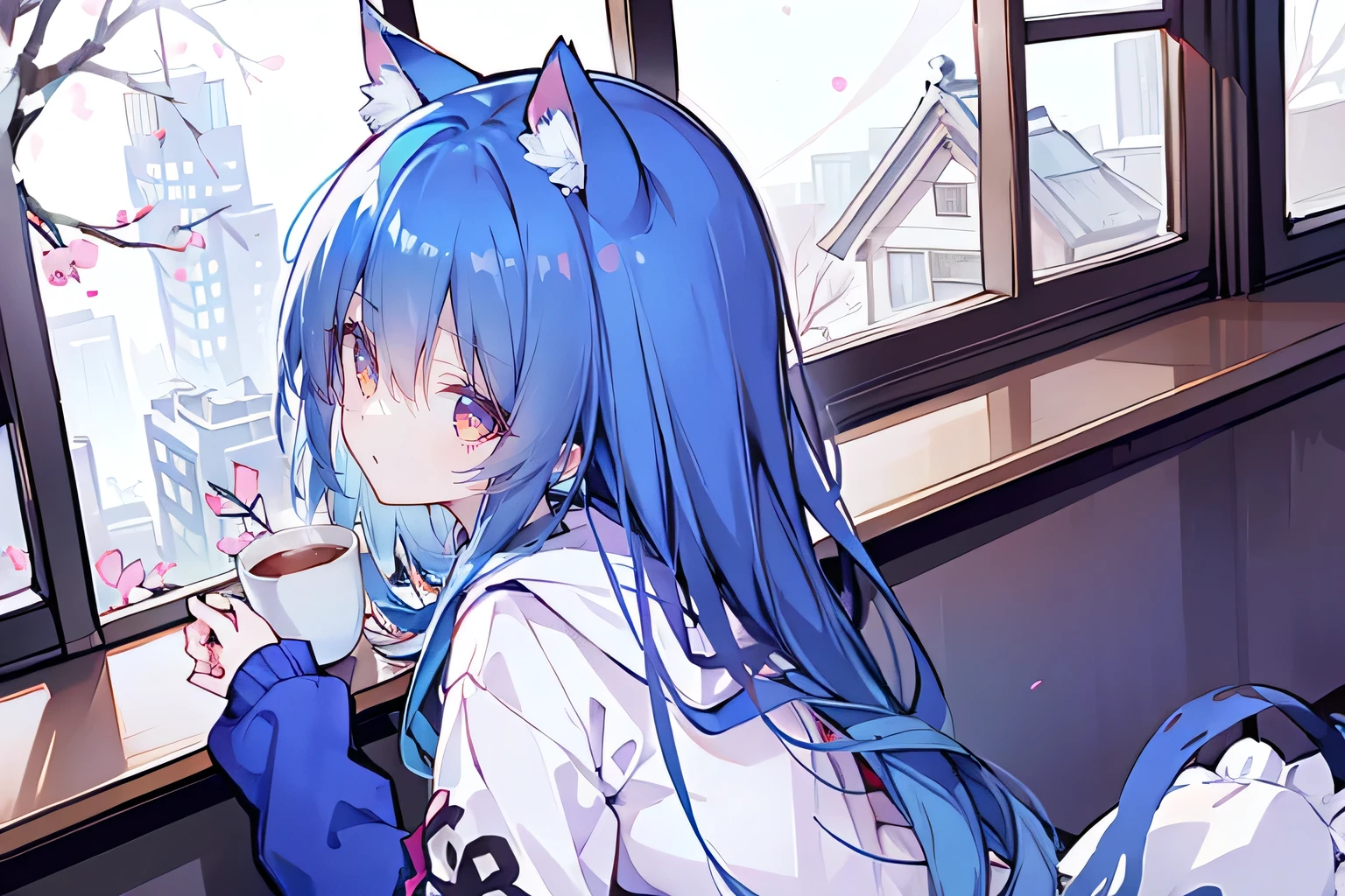 (masterpiece:1.2),Super detailed,lifelike,Expressive eyes,fair skin,perfect face shape,1 girl,
Japanese comics,Gorgeous blue hair,flowing blue hair,flowing clothes,Cat ears,Petals fall,beautiful lola,Baby Angel,
Cross your legs,Gentle and peaceful background,The pavilion is cool and comfortable,smile, wearing hoodie, background of tokyo,back views,heavy snowing, winter.sitting on window sill drinking coffee and looking out the window.