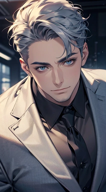 (best quality,4k,8k,highres,masterpiece:1.2),ultra-detailed,(realistic,photorealistic,photo-realistic:1.37),1 man,31 years old,mature man,very handsome,without expression,smile,short grey blue hair,blue eyes,penetrating gaze,perfect face without errors,imposing posture,businessman,office background,cinematic lighting,hdr image