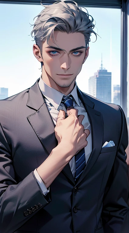 (best quality,4k,8k,highres,masterpiece:1.2),ultra-detailed,(realistic,photorealistic,photo-realistic:1.37),1 man,31 years old,mature man,very handsome,without expression,smile,short grey blue hair,blue eyes,penetrating gaze,perfect face without errors,imposing posture,businessman,office background,cinematic lighting,hdr image
