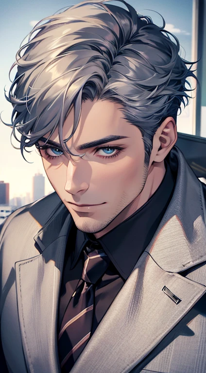 (best quality,4k,8k,highres,masterpiece:1.2),ultra-detailed,(realistic,photorealistic,photo-realistic:1.37),1 man,31 years old,mature man,very handsome,without expression,smile,short grey blue hair,blue eyes,penetrating gaze,perfect face without errors,imposing posture,businessman,office background,cinematic lighting,hdr image