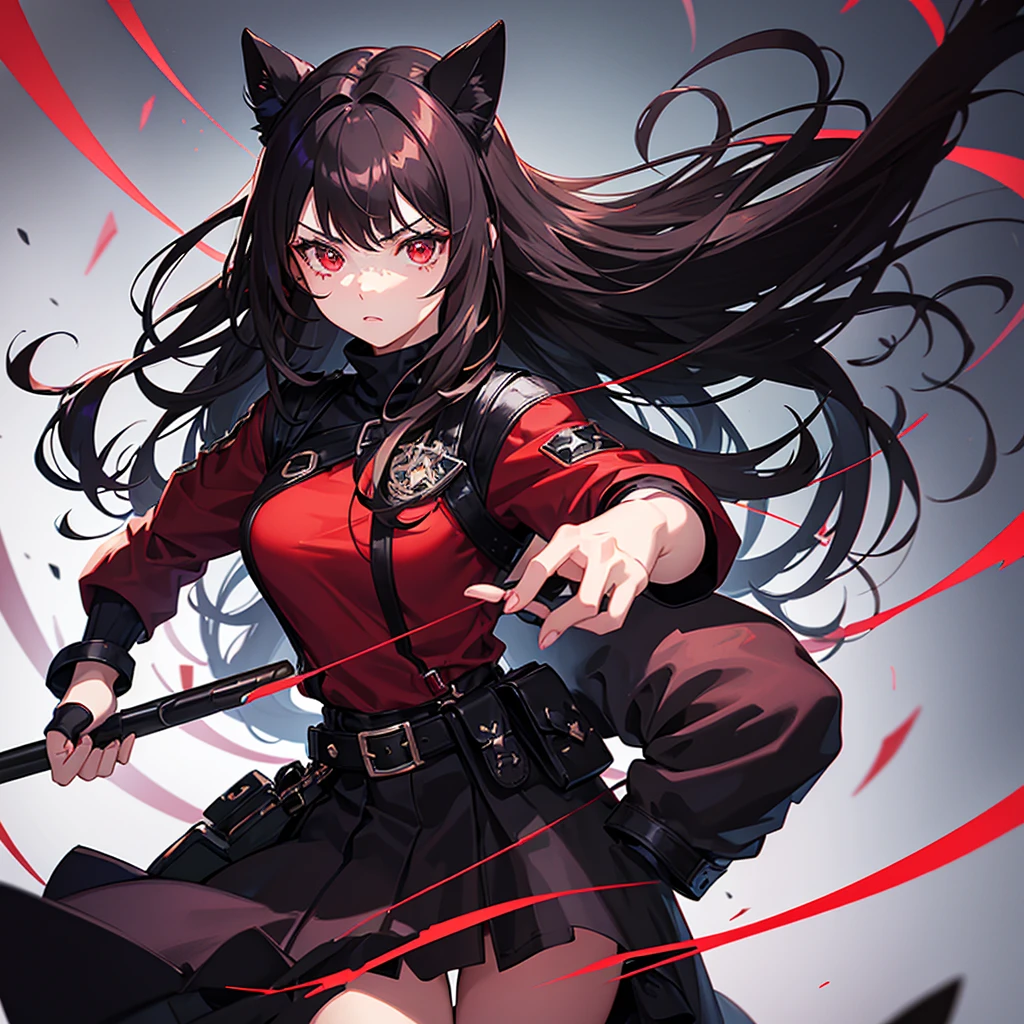 1girl,beautiful detailed eyes, red eyes ,  Long  Brown hair, serious face, Fingerless gloves, Black skirt, black top, red jacket, black boots, baseball bat in hand , light skin color, Purple ribbon, freckles on her face, black hair band,