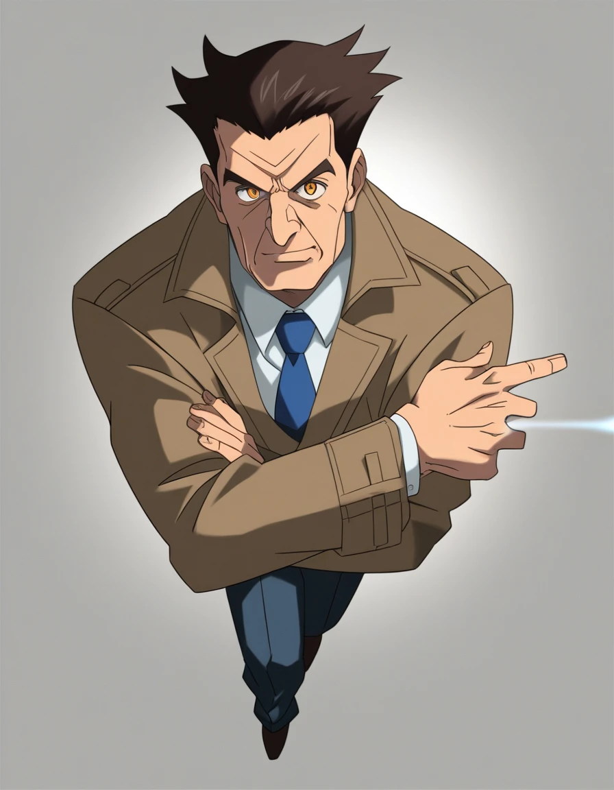 1man, veteran mature detective, muscular mature, big nose, wavy slicked back spiked hair, yellow brown hair, shihaku, brown eyes, stubble, dandy, virile, square shaped, large eyes, ugly, rough skin, facial wrinkles, ideal ratio body proportions, ordinaly, cute uncle, beautiful detailed eyes, 40yo, BREAK solo, white collared shirt, blue necktie, trench coat, dark worn-out suit, BREAK dandy posing, upperlegs, character image shot, in isekai style, 2000s, anime concept art, cinematic shadows, cinematic lighting, lens flare, light leaks, extreme all detailed, masterpiece, best quality, BREAK score_9, score_8_up, score_7_up, source_anime, score_6_up, score_5_up, score_4_up