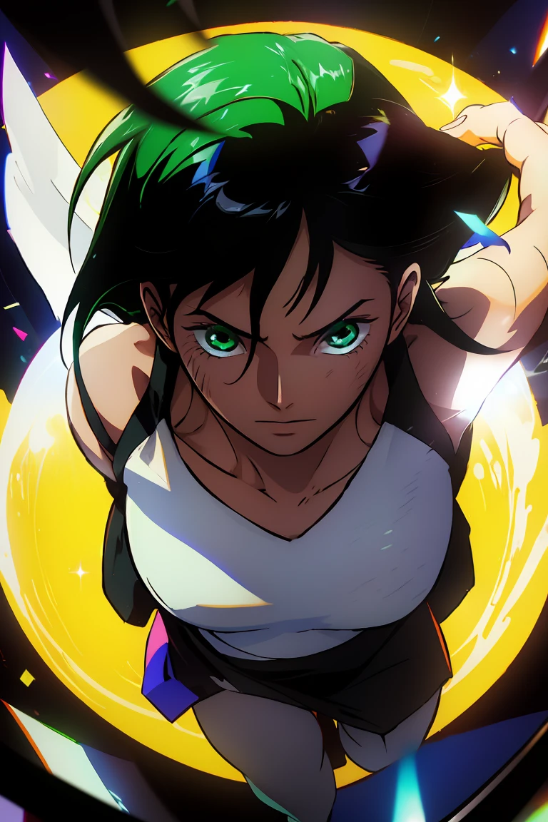 ((arte estilo anime)), (the highest image quality), (detailed strokes), Looking at the Viewer, facing the viewer , showing the whole body, , He is a 17 year old ager, very white skin, He has slightly disheveled black hair middle part , light green eyes, , little muscular body , anime art style, sexy fac, , 8k, high quality, masterpiece, , cinematic, vivid colors, shining green eyes