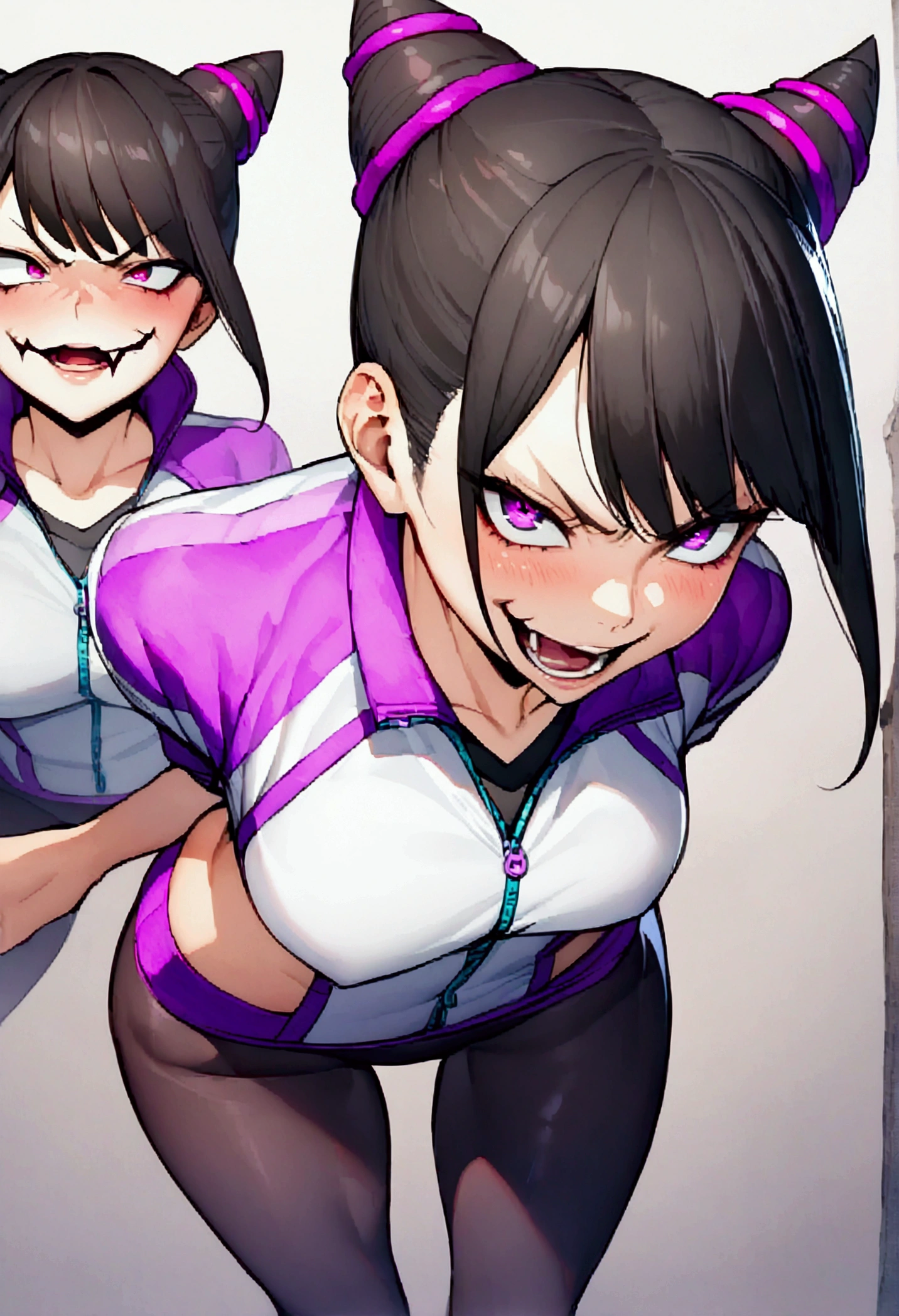 dark eye shadow,shining eyes,beautiful young fitness woman with , in a gym wearing May with black pantyhose, tight white and purple gym jacket. standing alone,hair horns,glowing purple eyes,Evil smile,legging preto ,labiaa,dark eye shadow,shining eyes,close up,open mouth with big evil smile,evil laugh,hands on cheeks,blushed,vermelha