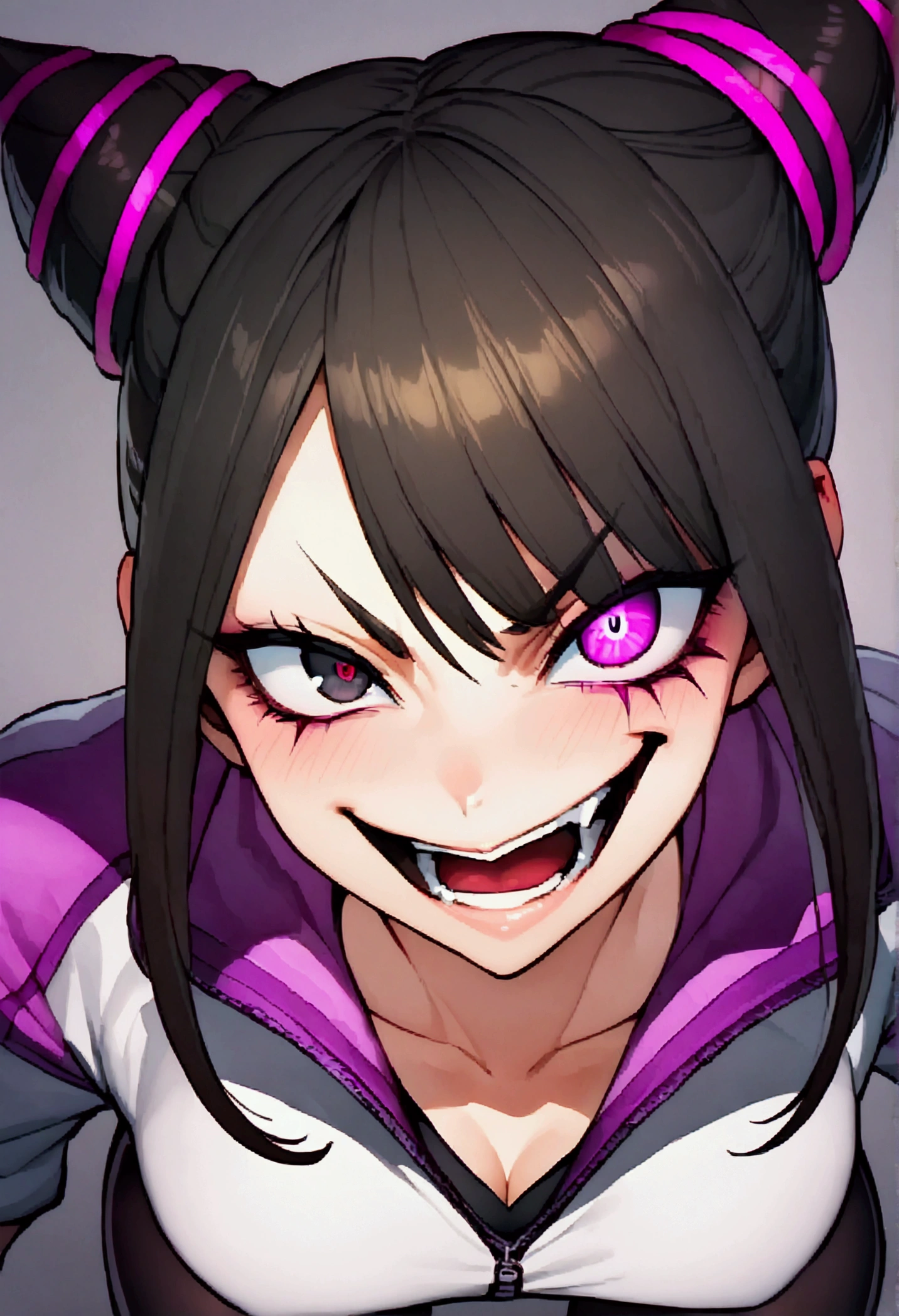dark eye shadow,shining eyes,beautiful young fitness woman with , in a gym wearing May with black pantyhose, tight white and purple gym jacket. standing alone,hair horns,glowing purple eyes,Evil smile,legging preto ,labiaa,dark eye shadow,shining eyes,close up,open mouth with big evil smile,evil laugh,hands on cheeks,blushed,vermelha