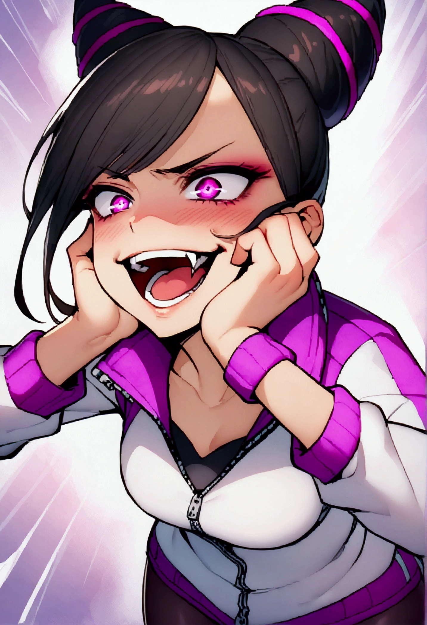 dark eye shadow,shining eyes,beautiful young fitness woman with , in a gym wearing May with black pantyhose, tight white and purple gym jacket. standing alone,hair horns,glowing purple eyes,Evil smile,legging preto ,labiaa,dark eye shadow,shining eyes,close up,open mouth with big evil smile,evil laugh,hands on cheeks,blushed,vermelha