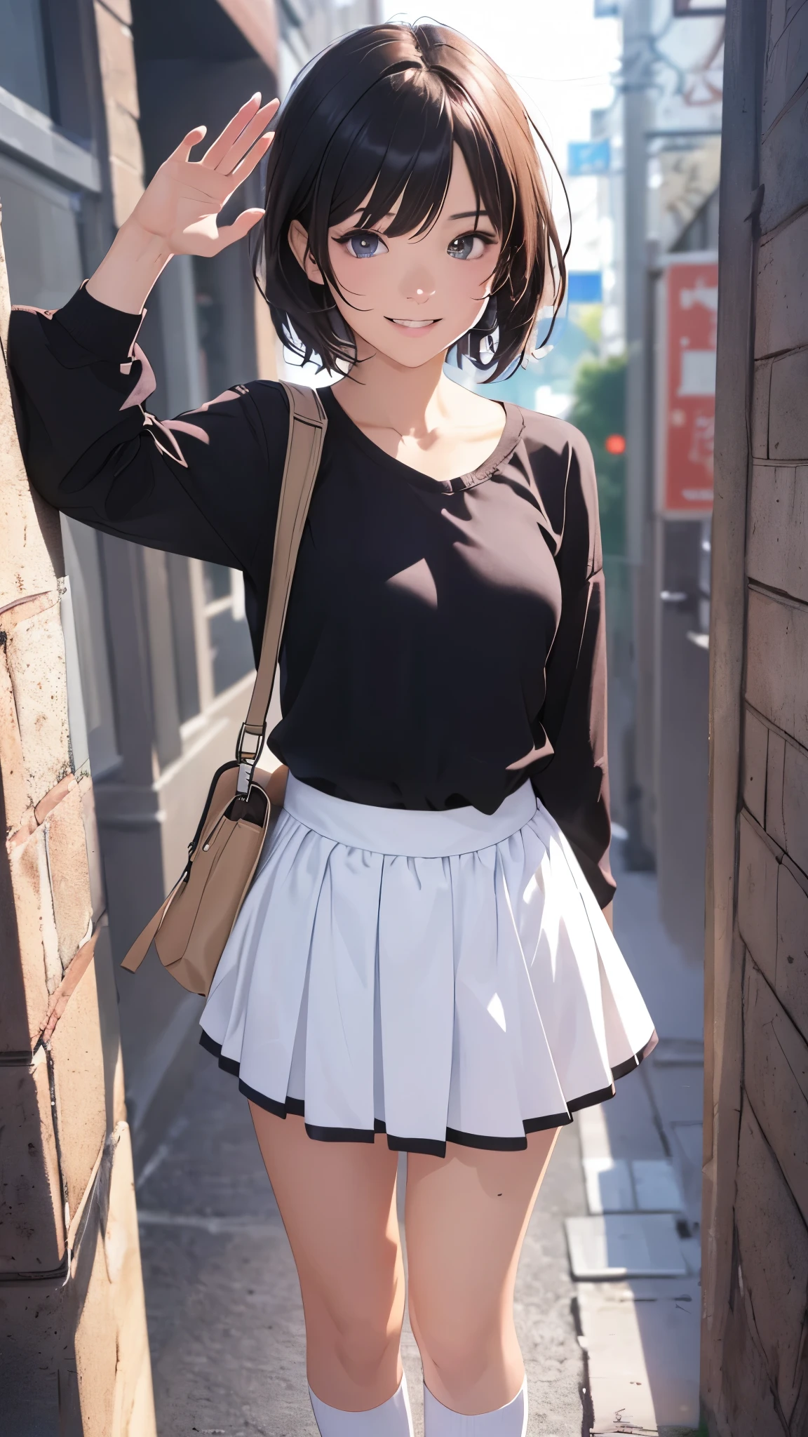 (highest quality,4K,8K,High resolution,table top:1.2), super detailed, (realistic,photorealistic,photo-realistic:1.37),((full body)),((very-Short-hair girl)), (grin and laugh),((waving)),She wears a high-school uniform, ((white-loose-socks)),((loose socks)),((black-sneakers)),having school-shoulder-bag,beautiful and fine eyes, beautiful detailed lips, highly detailed eyes and face, long eyelashes, realistic anime 3D style, Smooth anime CG art, Digital rendering by Makoto Shinkai, Moe anime art style, photorealistic rendering of an anime girl, Shinkai Makoto style, Cute anime girl visuals, realistic young anime girl, girl fan art, Created by Anime Artist'studio of.
