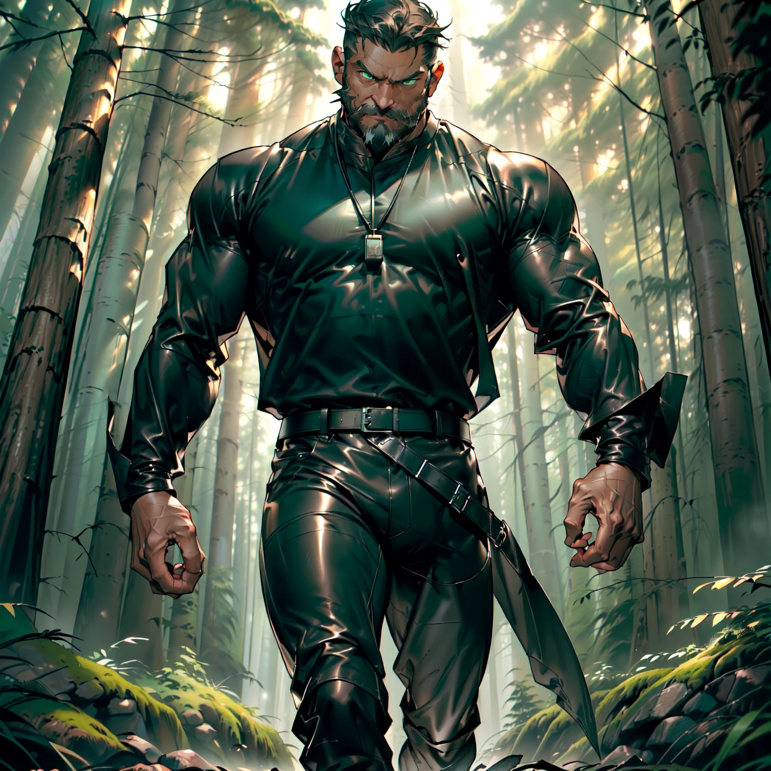(((Light brown man, age 45, tall and muscular, 1,82 m, 90 kg, with short straight black gray hair, green eyes and gray beard))), (((wearing black leather pants and a black long-sleeved shirt halfway down the arms))), fair and honest, (((serious and focused look))), ((((at dusk in a forest)))), (((walking holding a lumberjack ax)))