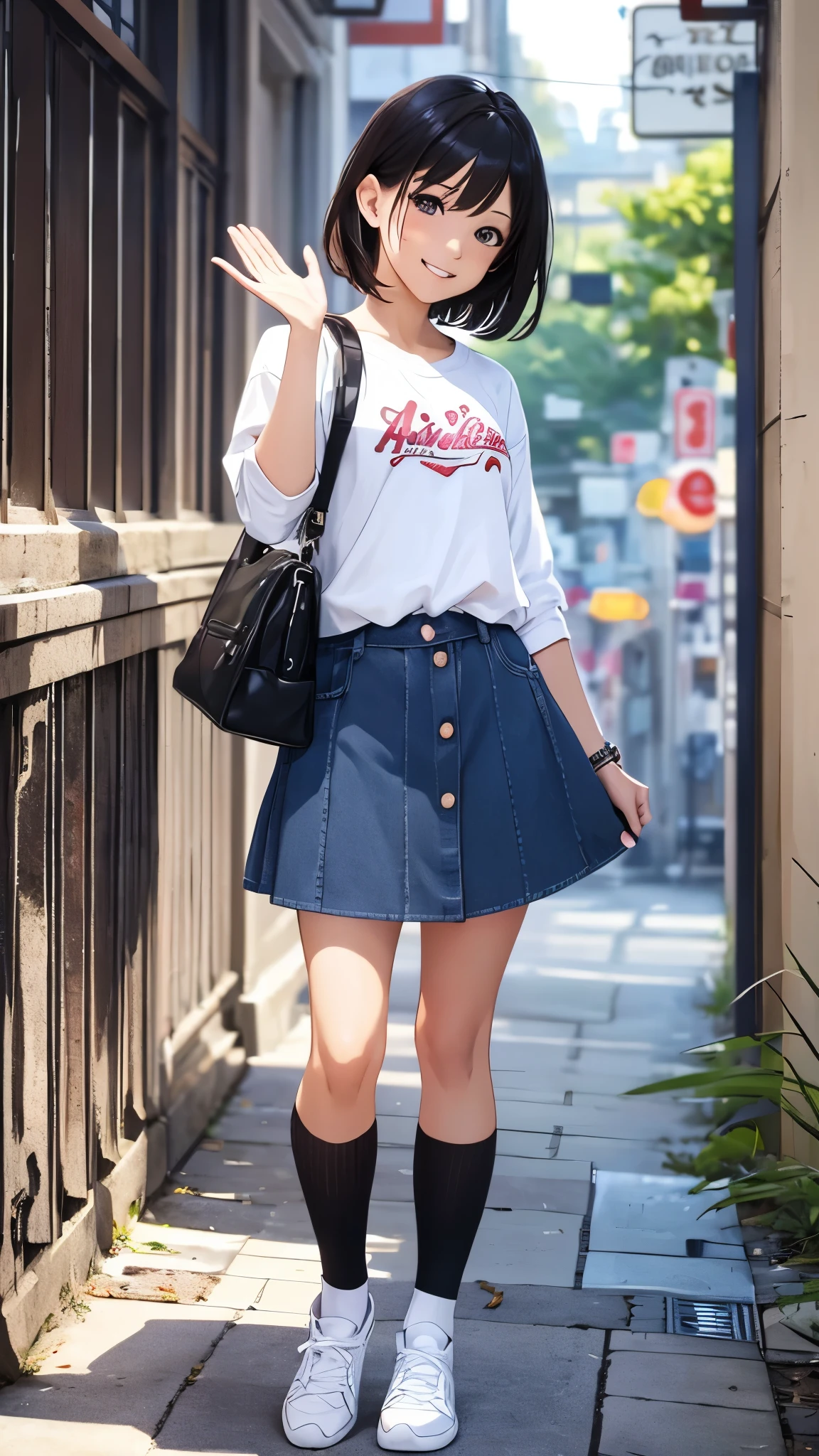 (highest quality,4K,8K,High resolution,table top:1.2), super detailed, (realistic,photorealistic,photo-realistic:1.37),((full body)),((very-Short-hair girl)), (grin and laugh),((waving)),She wears a high-school uniform, ((white-loose-socks)),((loose socks)),((black-sneakers)),having school-shoulder-bag,beautiful and fine eyes, beautiful detailed lips, highly detailed eyes and face, long eyelashes, realistic anime 3D style, Smooth anime CG art, Digital rendering by Makoto Shinkai, Moe anime art style, photorealistic rendering of an anime girl, Shinkai Makoto style, Cute anime girl visuals, realistic young anime girl, girl fan art, Created by Anime Artist'studio of.