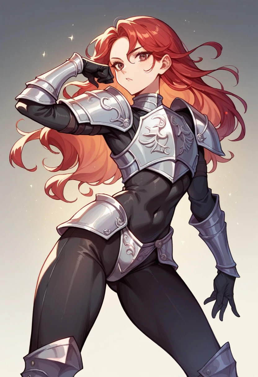 An elegent female knight, plate armour, black bodysuit, flowing red hair, silver armour, thinck thighs, flat chested, posing, pin-up pose