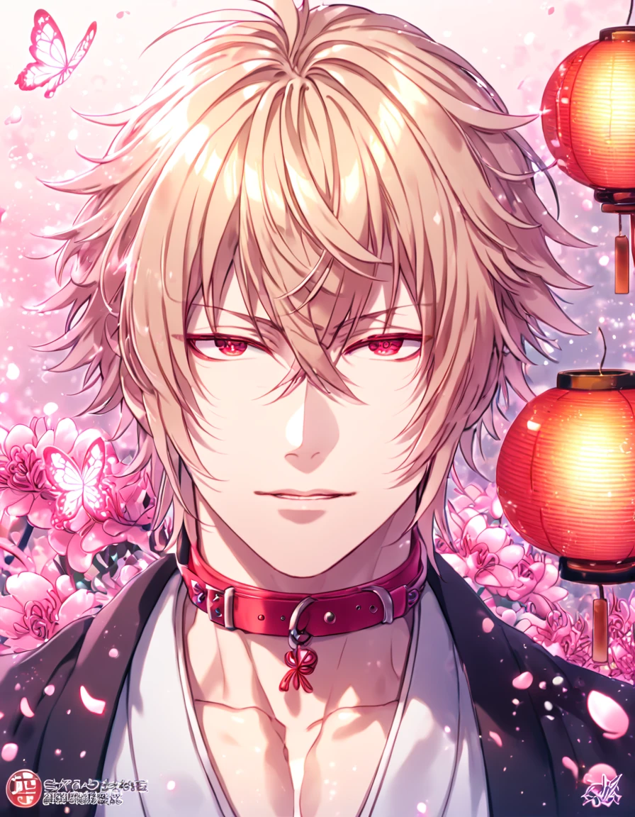 absurd resolution, high resolution, ultra detailed, detailed eyes, extremely detailed, HDR, 8K, Kazama Chikage, honey blonde hair, expressive red eyes, Hakuouki, solo, sexy man, handsome, black haori, white kimono, red collar, fantasy, cool, magical, pink glittering butterflies, pink dust flying around, pink spider lilies, pink petals, pink lanterns, Japanese ambiance, cherry blossoms