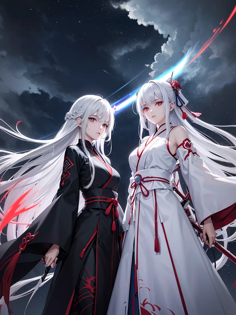 White Haired Woman、Red aura Black Haired Woman、Blue aura Both of them have Japanese swords Glaring at each other in the storm The afterglow in their eyes high quality