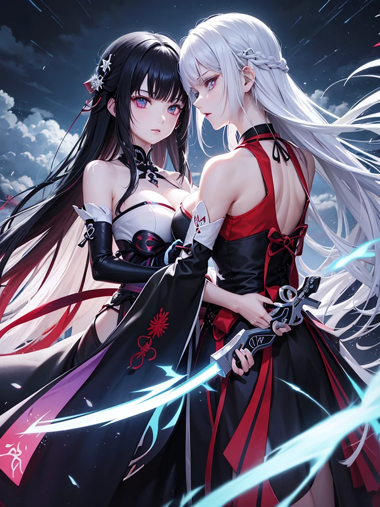 White Haired Woman、Red aura Black Haired Woman、Blue aura Both of them have Japanese swords Glaring at each other in the storm The afterglow in their eyes high quality