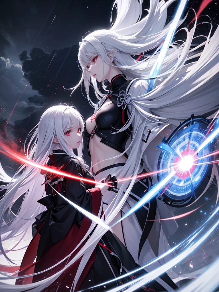White Haired Woman、Red aura　Black Haired Woman、Blue aura　Both of them have Japanese swords　Glaring at each other in the storm　The afterglow in their eyes　high quality