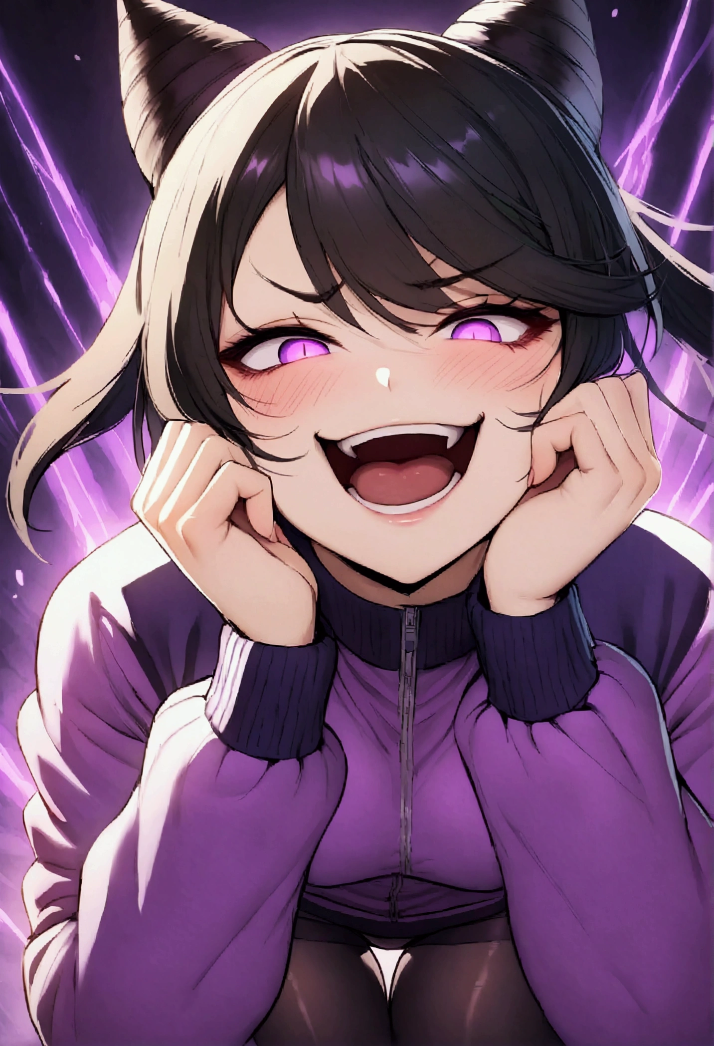 dark eye shadow,shining eyes,beautiful young fitness woman with , in a gym wearing May with black pantyhose, tight white and purple gym jacket. standing alone,hair horns,glowing purple eyes,Evil smile,legging preto ,labiaa,dark eye shadow,shining eyes,close up,open mouth with big evil smile,hands on cheeks,blushed,vermelha