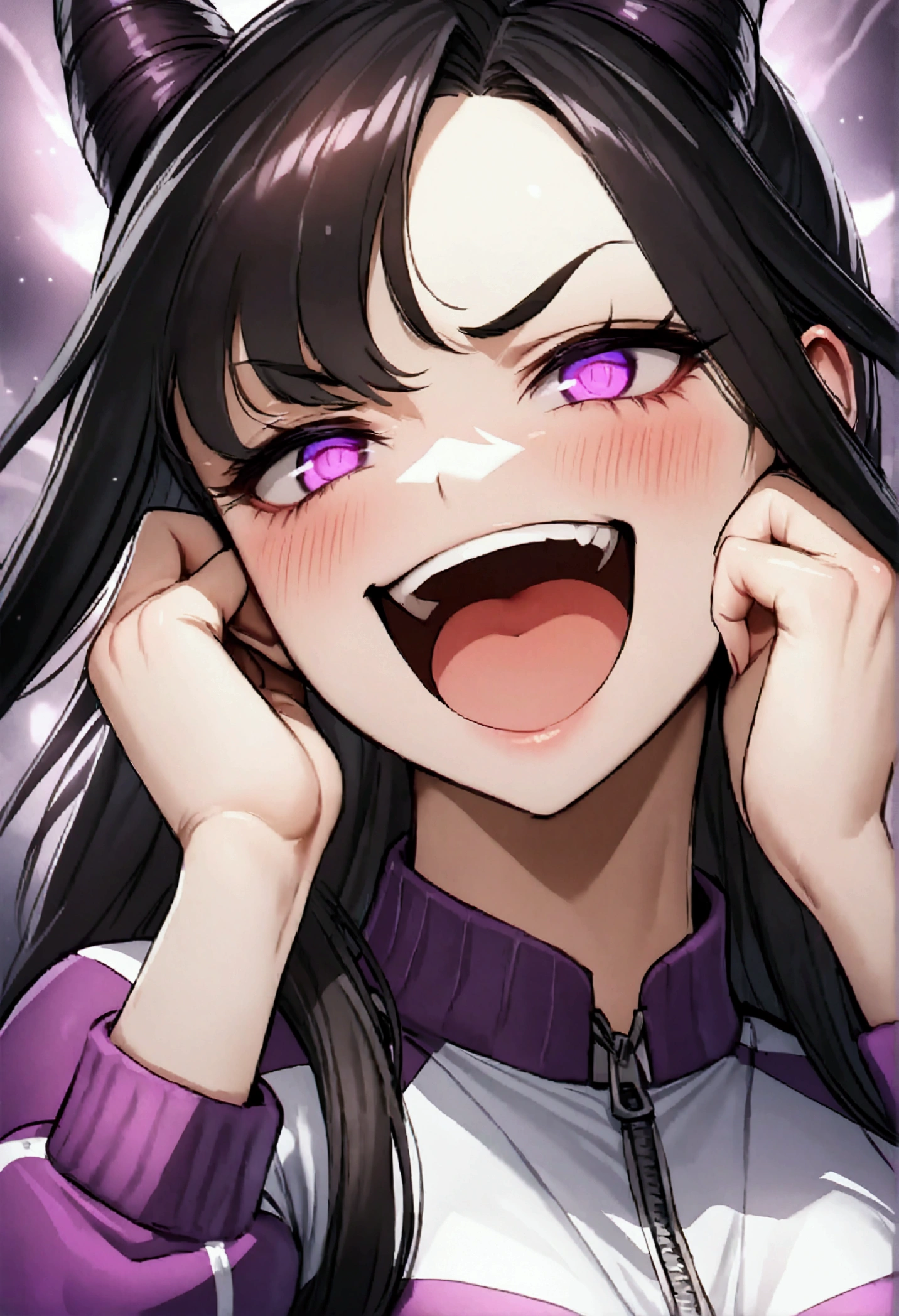 dark eye shadow,shining eyes,beautiful young fitness woman with , in a gym wearing May with black pantyhose, tight white and purple gym jacket. standing alone,hair horns,glowing purple eyes,Evil smile,legging preto ,labiaa,dark eye shadow,shining eyes,close up,open mouth with big evil smile,hands on cheeks,blushed,vermelha