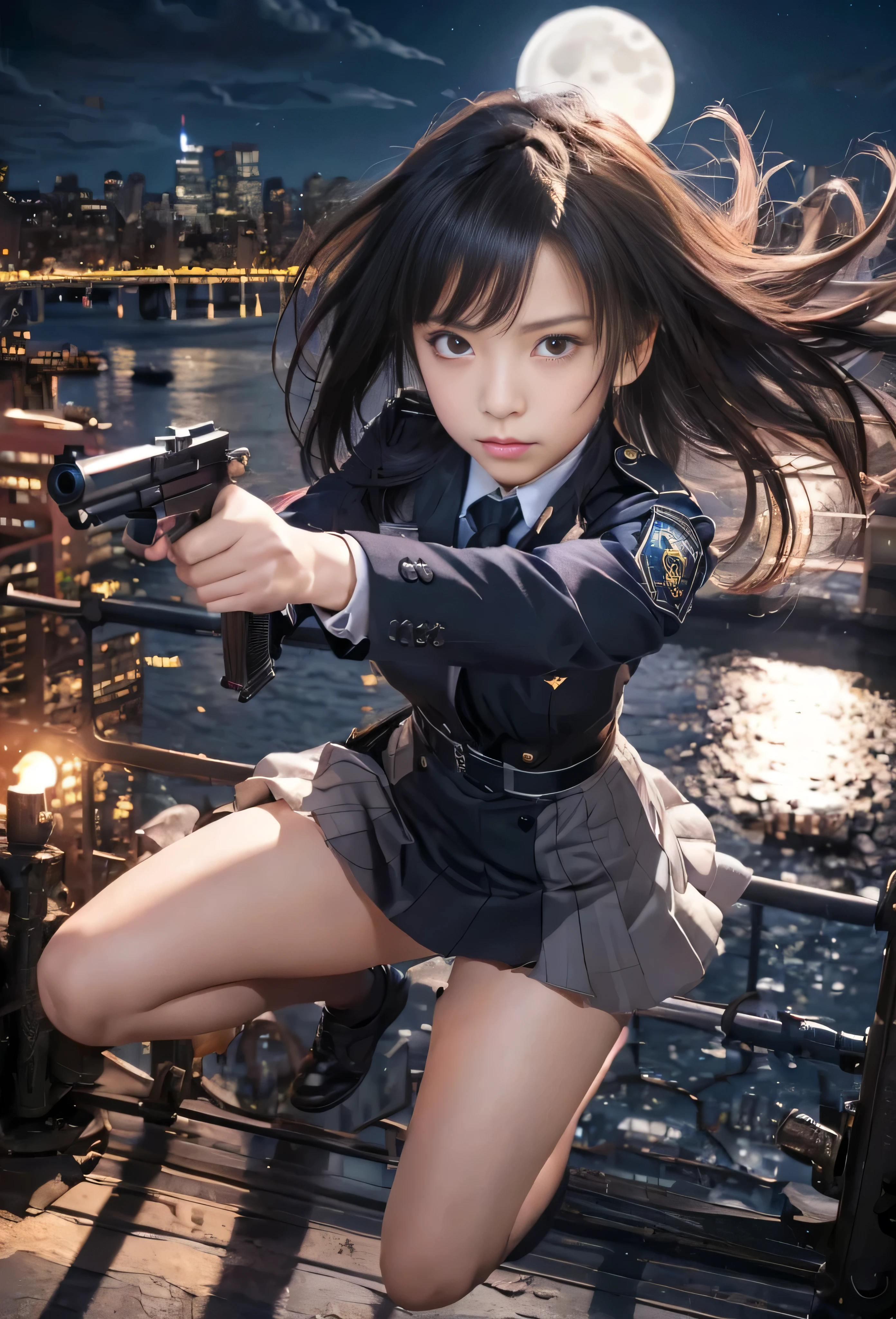(RAW quality:1.4), Highest quality, Great quality, 16K, Unbelievably absurd, Very detailed, delicate and dynamic, software, Natural light, Particles reflect color, Diffuse reflection of light, Vortex of Light, Hudson River, new york, Night view, Create amazing image effects, lycoris uniform, skirt, (Cute sexy girl, 14 years old, Pursue the perpetrator, Intense movement, Vibrant, hot, , , , pistol, Long black hair, Police uniform, Takina Inoue Final Fantasy VII), Full body photo, (Shooting a gun in front of a big full moon:1.4), Speedy, Lots of bullets, Trajectory,
