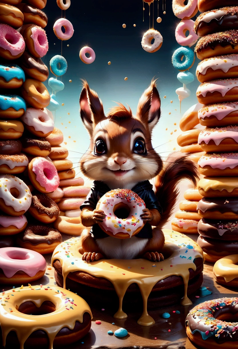 Eating Donuts, an adorable chipmunk holding a delicious donut with icing and sprinkles, centered, detailed matte painting, deep color, fantastical, intricate detail, splash screen, complementary colors, fantasy concept art, 8k resolution trending on Artstation Unreal Engine 5, masterpiece, best quality, very aesthetic, absurdres