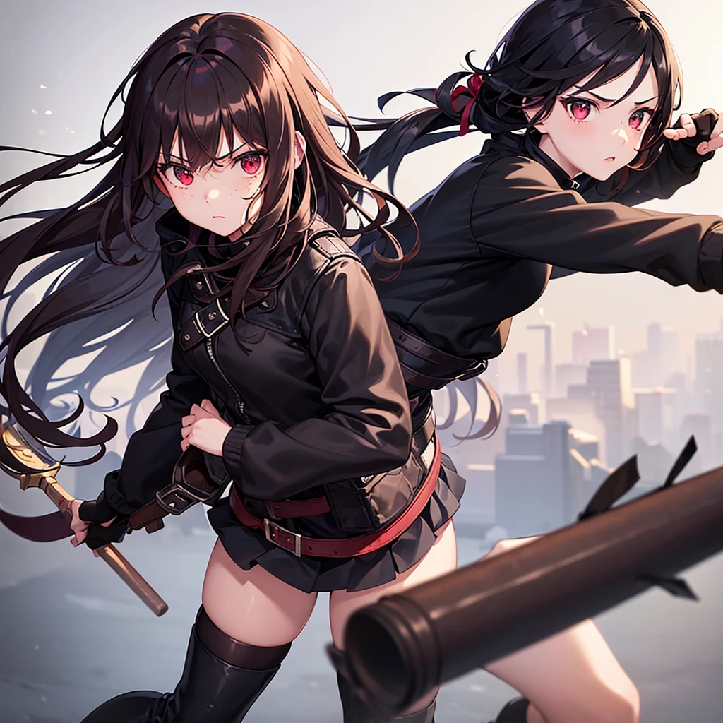 1girl,beautiful detailed eyes, red eyes ,  Long  Brown hair, serious face, Fingerless gloves, Black skirt, black top, red jacket, black boots, baseball bat in hand , light skin color, Purple ribbon, freckles on her face, black hair band,