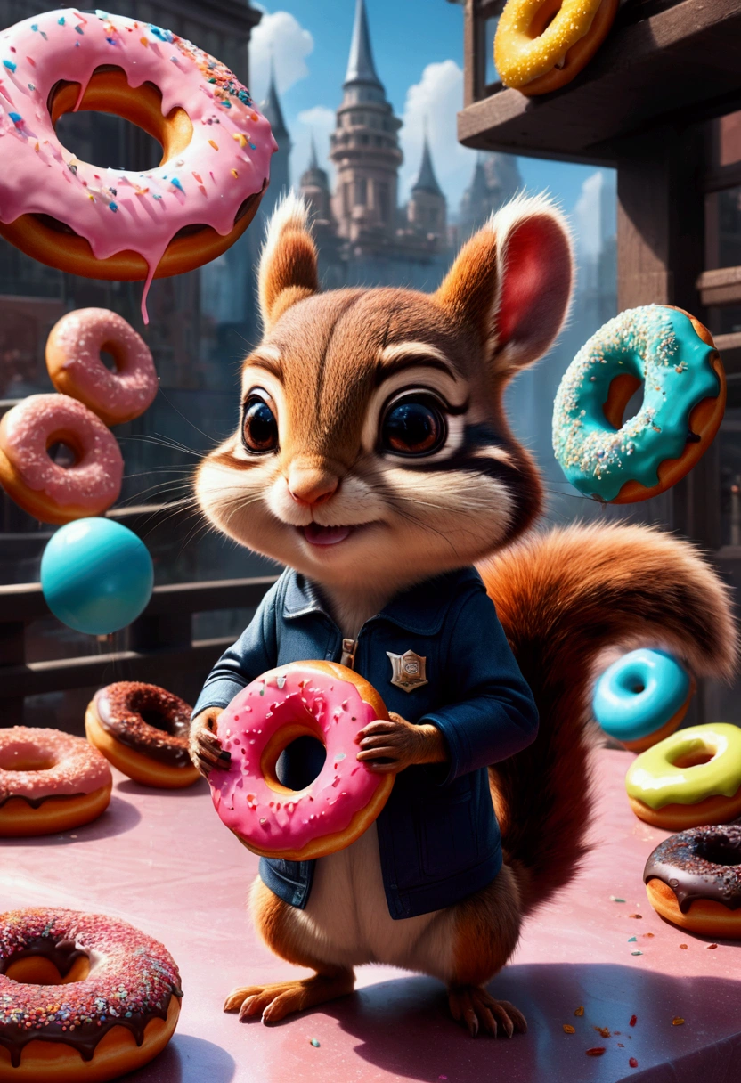 Eating Donuts, an adorable chipmunk holding a delicious donut with icing and sprinkles, centered, detailed matte painting, deep color, fantastical, intricate detail, splash screen, complementary colors, fantasy concept art, 8k resolution trending on Artstation Unreal Engine 5, masterpiece, best quality, very aesthetic, absurdres