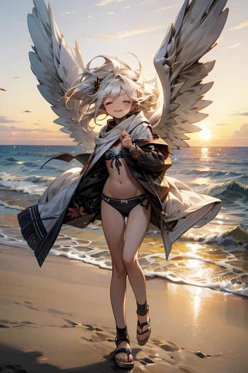 On a summer evening, with the sunset lighting up the beach,
BREAK
a high school girl walks on the sand wearing beach sandals.
BREAK
She is dressed in clothes resembling a bikini, her hair flowing in the wind.
BREAK
She smiles and winks, with everything around her sparkling. angel wings,droid,MECA,robot,サンダルフォン,perfect face,perfect hands