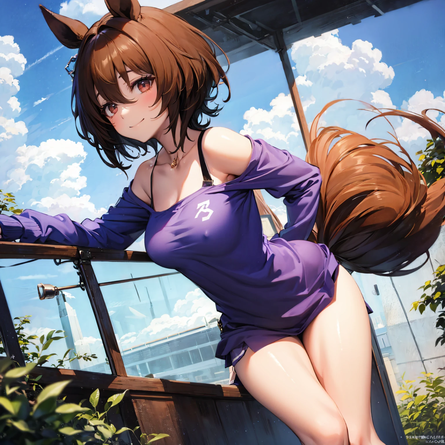 Agnes Tachyon, uma-musume, smile for viewer, skinny, arched back, BREAK, short hair, large breasts, narrow waist, short torso, (long skinny legs:1.2), tail, BREAK, (bottomless), thigh gap, purple shirts, collarbone, bared narrow shoulders, BREAK, blue sky, blowing wind, BREAK, {nsfw}, orgasm