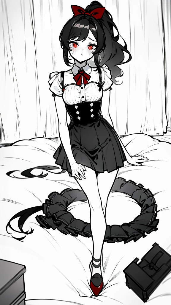 using pantimedies, wavy black hair, piercing look with deep red eyes, average stature, Silky hair with a ponytail hairstyle collected with a red bow with two white lines, with clothes, has a vagina, has breasts, cup of breasts, small breasts, slim, foreground, Session, sitting in her room, sitting on the floor of her room, wearing pantyhose, using pantimedies, Picardias, short skirt, shoes, blouse with straps, blush, opening her legs making her panties visible, open legs