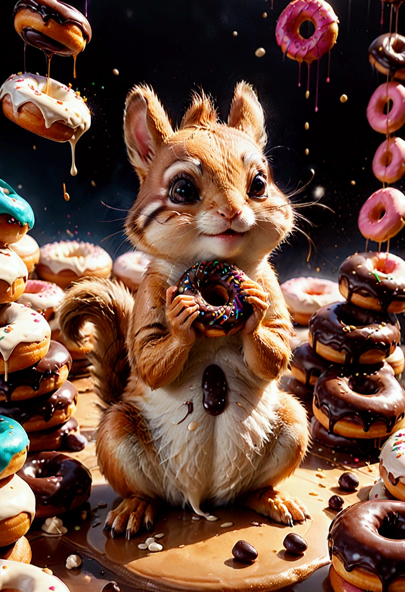 Eating Donuts, an adorable chipmunk holding a delicious donut with icing and sprinkles, centered, detailed matte painting, deep color, fantastical, intricate detail, splash screen, complementary colors, fantasy concept art, 8k resolution trending on Artstation Unreal Engine 5, masterpiece, best quality, very aesthetic, absurdres
