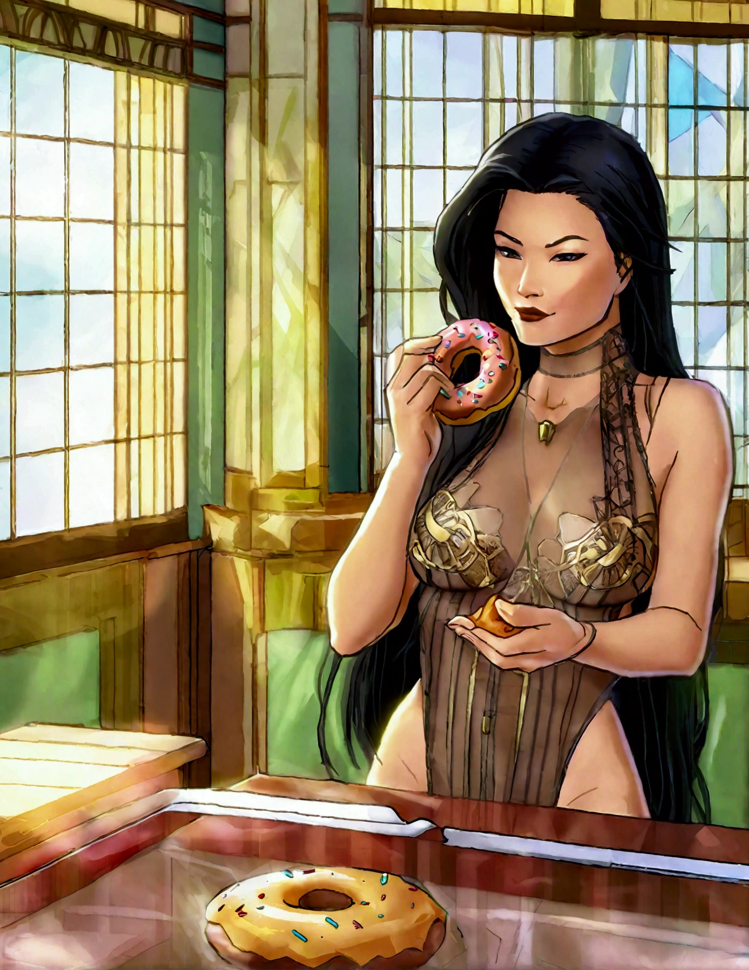 Kelly Hu (age 25), sheer negligee (no underwear), eating a donut crumbs fallen on her breasts, morning sun. dining room with many large windows