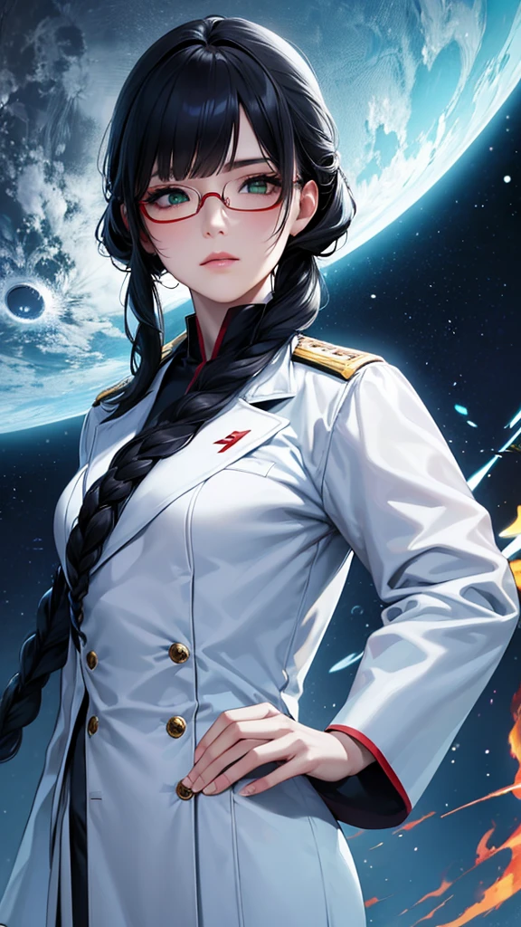 (highest resolution),(beautiful picture),sci-fi movie poster,(สไตล์ภาพscience fiction),(best quality),(Masterpiece),(Maximum face detail),((semi-realistic)), Maximum face resolution, adult, woman,east asian people, small, black hair,(Bangs) double braid hairstyle, smooth, green eyes,red glasses,(high class military uniform),long skirt,white coat,future,science fiction