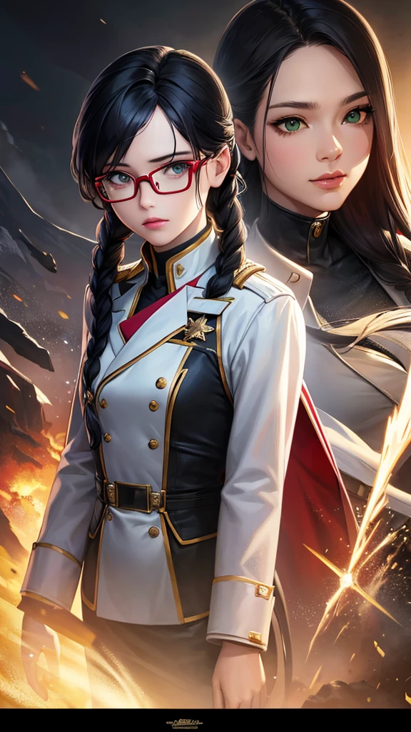 (highest resolution),(beautiful picture),sci-fi movie poster,(สไตล์ภาพscience fiction),(best quality),(Masterpiece),(Maximum face detail),((semi-realistic)), Maximum face resolution, adult, woman,east asian people, small, black hair,(Bangs) double braid hairstyle, smooth, green eyes,red glasses,(high class military uniform),long skirt,white coat,future,science fiction