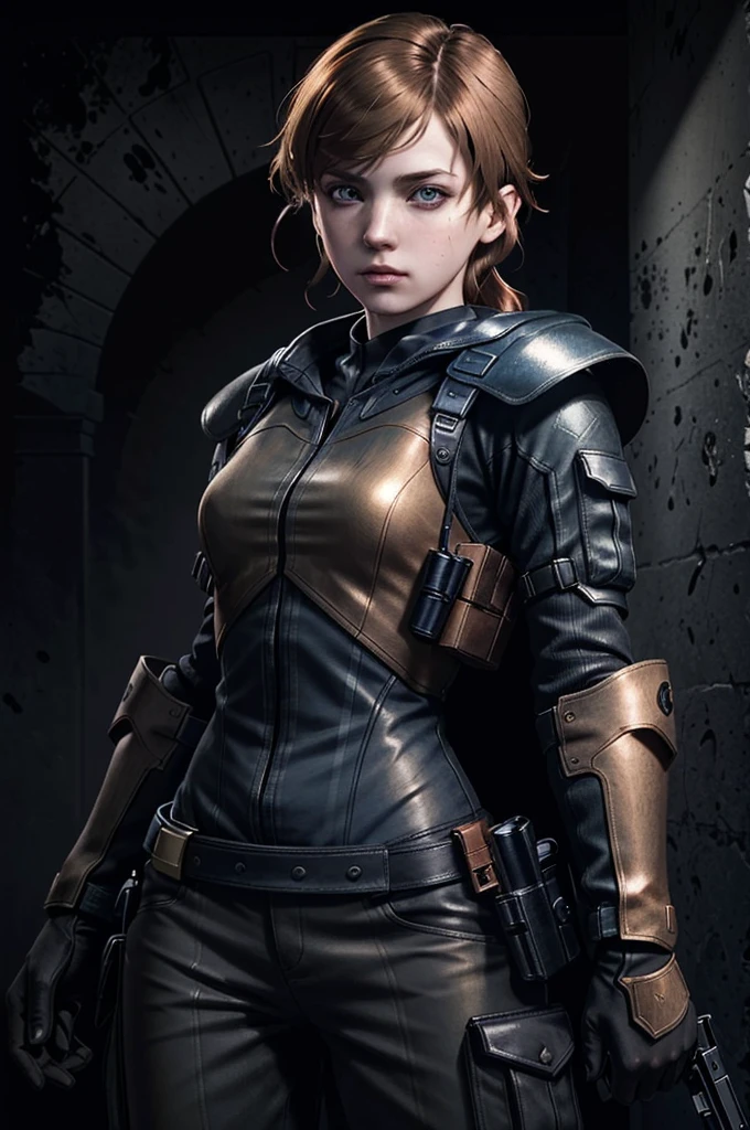 (masterpiece, best quality)
SherryRE, solo, copper hair, realistic, long hair, 1girl, black background, dark blue eyes, upper body, lips, parted lips, simple background, dark, combat suit, pistol
