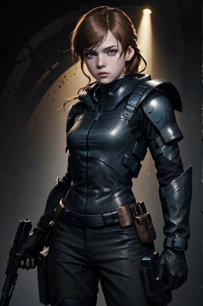 (masterpiece, best quality)
SherryRE, solo, copper hair, realistic, long hair, 1girl, black background, dark blue eyes, upper body, lips, parted lips, simple background, dark, combat suit, pistol
