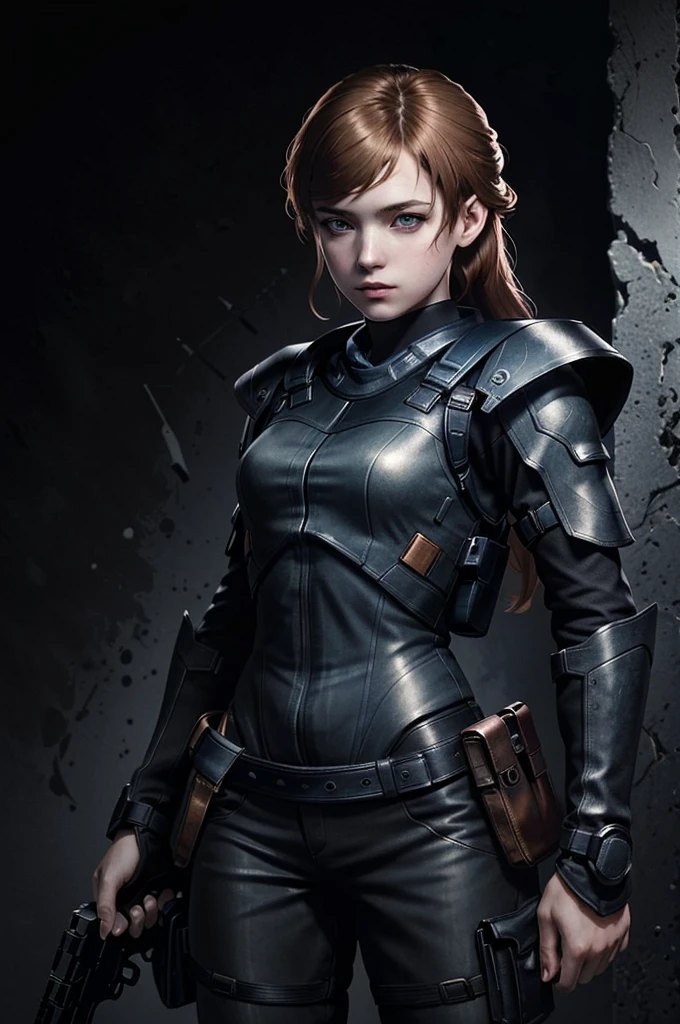 (masterpiece, best quality)
SherryRE, solo, copper hair, realistic, long hair, 1girl, black background, dark blue eyes, upper body, lips, parted lips, simple background, dark, combat suit, pistol
