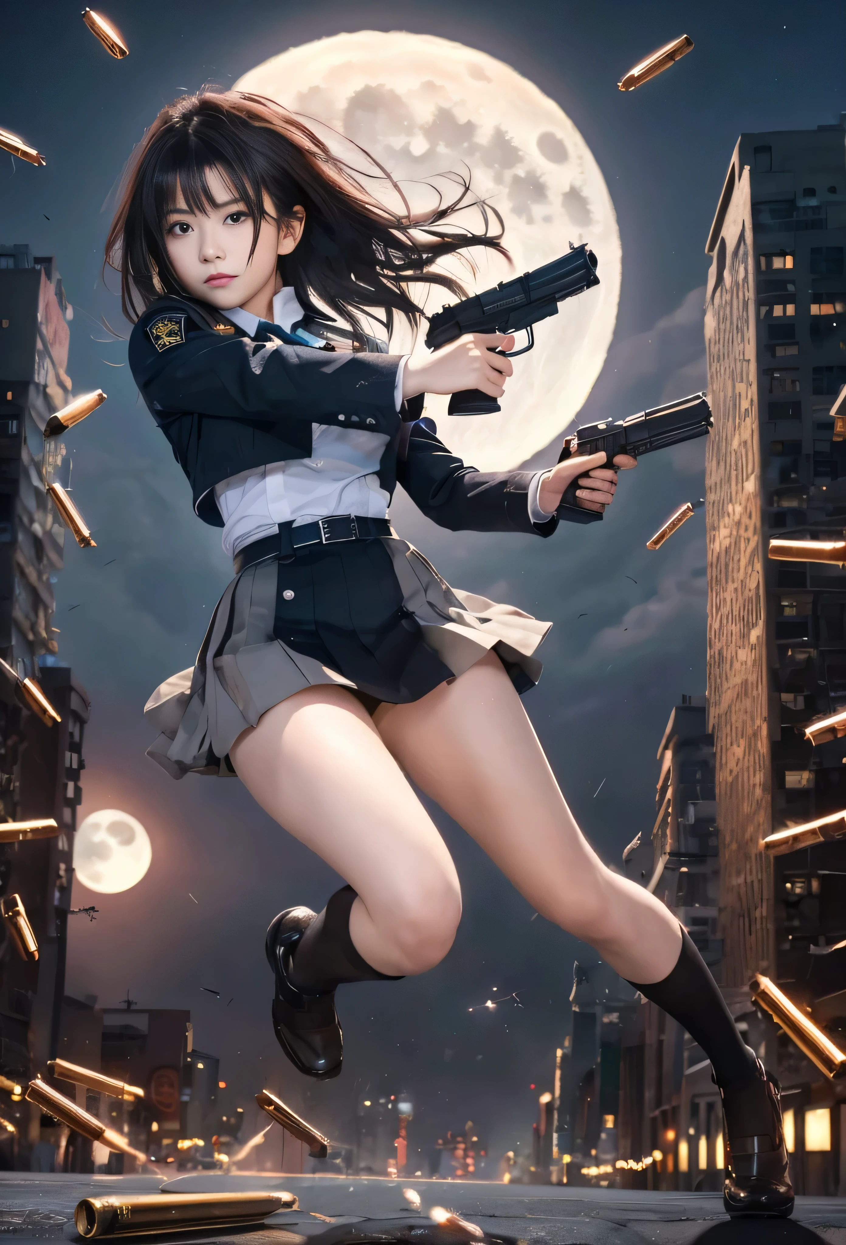 (RAW quality:1.4), Highest quality, Great quality, 16K, Unbelievably absurd, Very detailed, delicate and dynamic, software, Natural light, Particles reflect color, Diffuse reflection of light, Vortex of Light, Hudson River, new york, Night view, Create amazing image effects, lycoris uniform, skirt, (Cute sexy girl, , Pursue the perpetrator, Intense movement, Vibrant, hot, , , , pistol, Long black hair, Police uniform, Takina Inoue Final Fantasy VII), Full body photo, (Shooting a gun in front of a big full moon:1.4), Speedy, Lots of bullets, Trajectory,