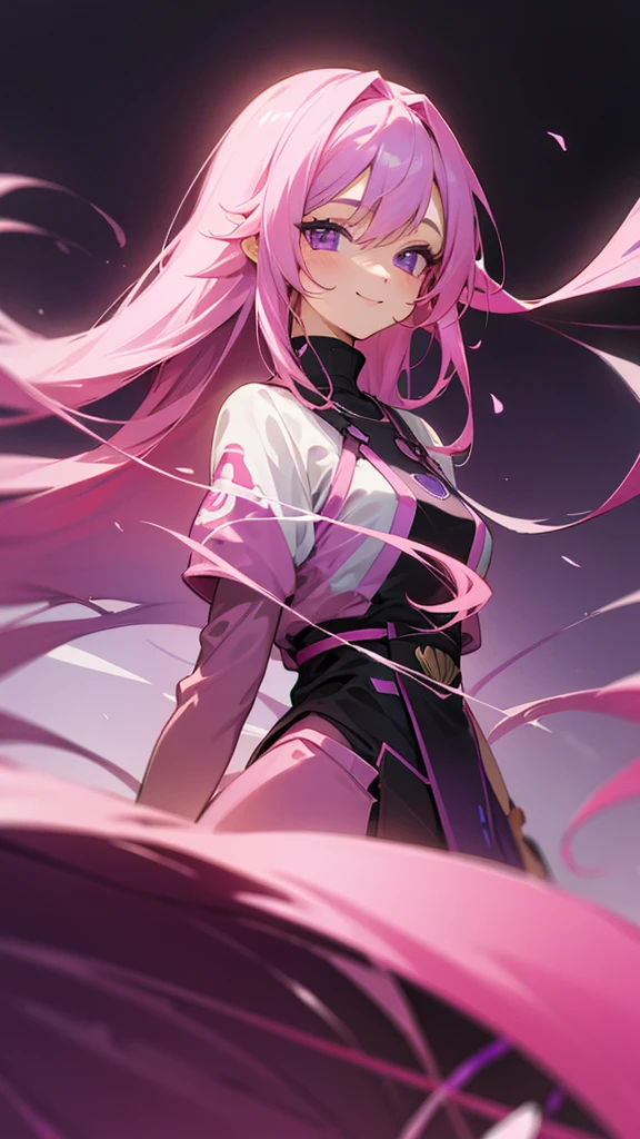 One girl, Long Hair, Gaze, Purple eyes, Pink Hair, smile, Character portrait, Blurred, Gradient color hairstyle, Simple Background, Anime Style,