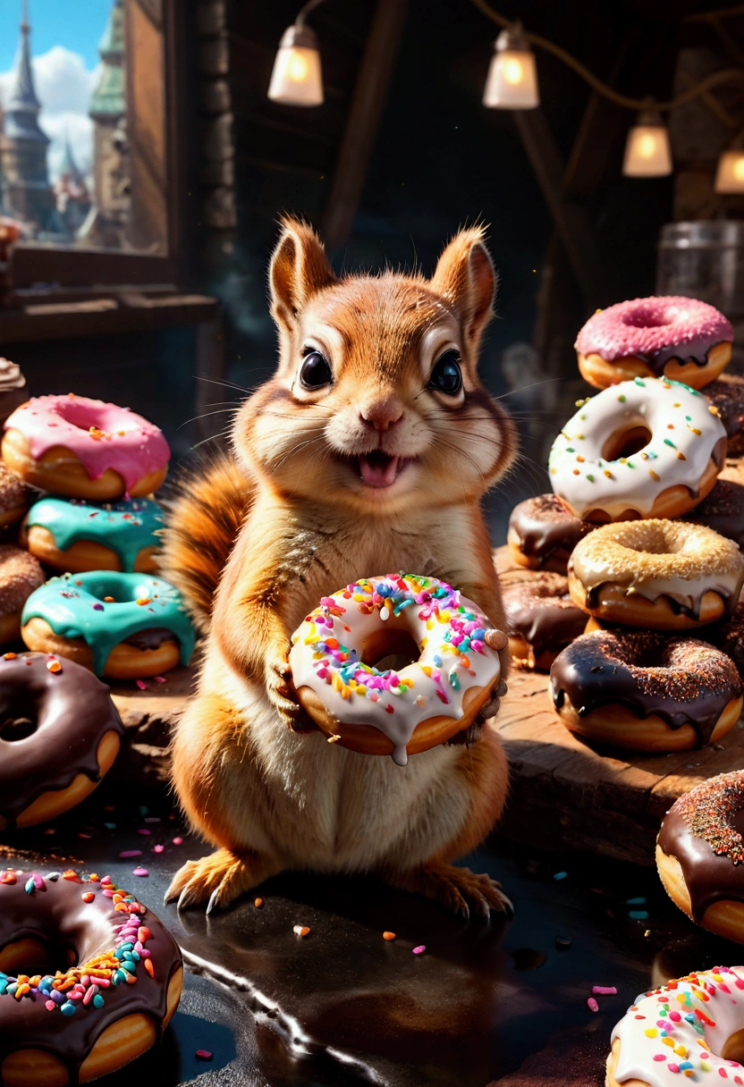 Eating Donuts, an adorable chipmunk holding a delicious donut with icing and sprinkles, centered, detailed matte painting, deep color, fantastical, intricate detail, splash screen, complementary colors, fantasy concept art, 8k resolution trending on Artstation Unreal Engine 5, masterpiece, best quality, very aesthetic, absurdres