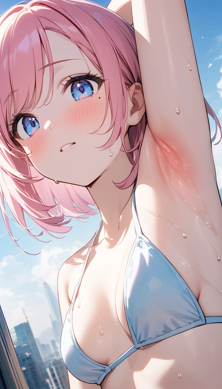 (1 girl),(Best Picture Quality, 8K, Masterpiece:1.3), (high school student:1.5), ((pink lob hair:1.1)), (bob cut),(swept bangs), (cute eyes, pupil black, iris skyblue, youthful face), (mole under right eye), (standard weight), (small breasts), (glistening skin:1.1),(pale skin:1.2),((showing armpits)),((bikini)),(flustered),(sweat),((fog skin:1.1)),(Beijing:1.2),((extremely detailed armpits)),((extreme close up armpit:1.3)),slightly high angle, urban cityscape background with tall buildings, streets, and heat haze effects, midday sun, feeling very hot and uncomfortable,