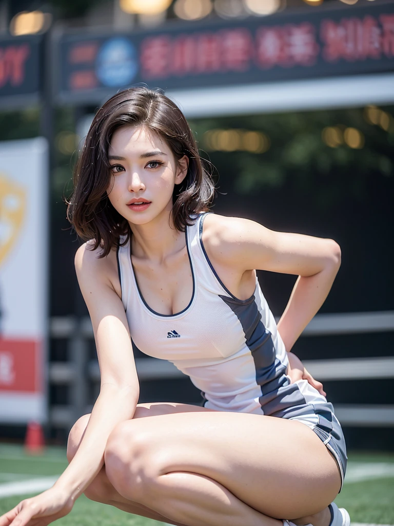 Mix 4, (8k, Live Shooting, Highest quality, masterpiece: 1.2), (Real, Photorealistic: 1.37), 一人のgirl, cute, night, rain, Wetty, Professional Lighting, Photon Mapping, Radio City, Physically Based Rendering, Gradient black hair, Gray Hair, Short Curly Hair, good looking, girl, Highest quality写真, High resolution, 1080P, (Clear Face), (Detailed face description), (Detailed hand description), (masterpiece), (Exquisite CG)、Extreme light and shadow、Disheveled Hair、Masterwork、Rich details、(Fine facial features)、(Highest qualityの写真)、(Masterpiece)、(Detailed eyes)、Look in front of you、Detailed clavicle、((Mid-breasted))、Nipple erection、Sexy、Lady、Clear、Smooth Hair、Clothes are not shiny、Track and field sprint uniform、Athletics Stadium、tiny shorts、Track and field uniforms、Crouching start pose、slouch