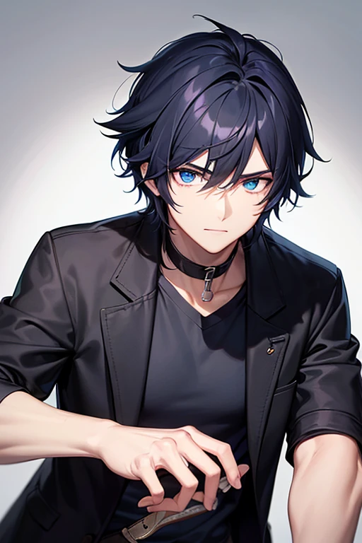 male character Medium black hair and dark blue tip with blue eyes also with cat pulps